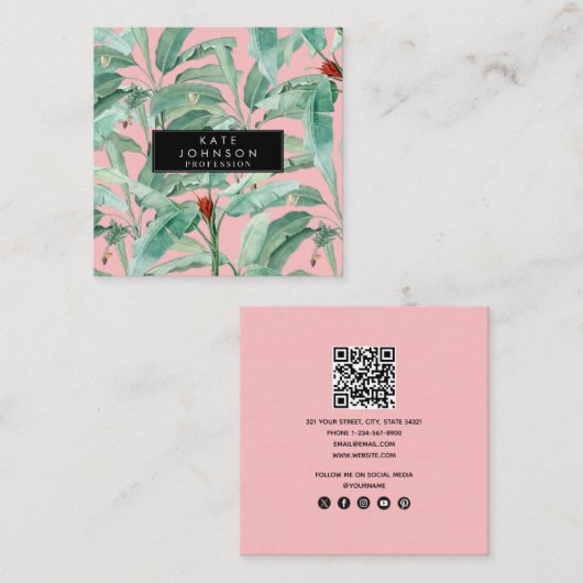 ピンクモダンの水彩熱帯バナナパーム葉 スクエア名刺 (正面/裏面)