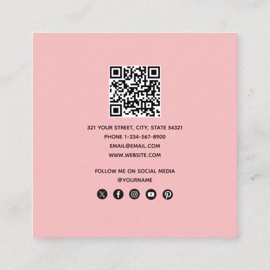 ピンクモダンの水彩熱帯バナナパーム葉 スクエア名刺 (裏面)