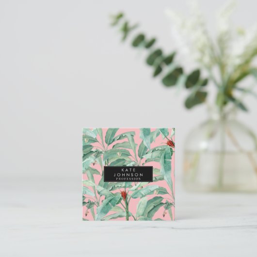 ピンクモダンの水彩熱帯バナナパーム葉 スクエア名刺 (スタンド正面)
