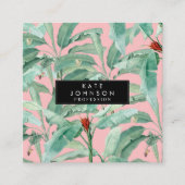 ピンクモダンの水彩熱帯バナナパーム葉 スクエア名刺 (正面)