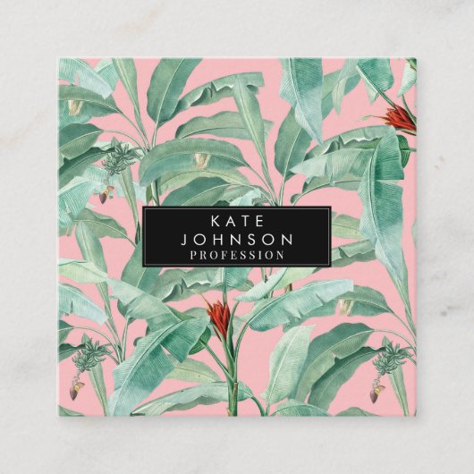 ピンクモダンの水彩熱帯バナナパーム葉 スクエア名刺 (正面)