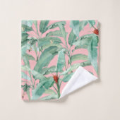 ピンクモダンの水彩熱帯バナナパーム葉 バスタオルセット (ウォッシュタオル)