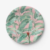 ピンクモダンの水彩熱帯バナナパーム葉 ペーパープレート (正面)