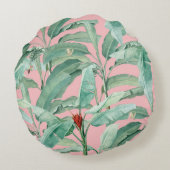 ピンクモダンの水彩熱帯バナナパーム葉 ラウンドクッション (裏面)