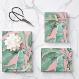 ピンクモダンの水彩熱帯バナナパーム葉 ラッピングペーパーシート