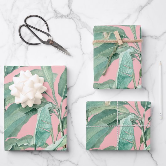 ピンクモダンの水彩熱帯バナナパーム葉 ラッピングペーパーシート (正面)