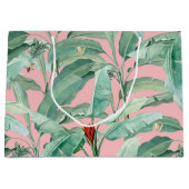 ピンクモダンの水彩熱帯バナナパーム葉 ラージペーパーバッグ (正面)