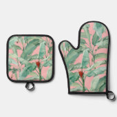 ピンクモダンの水彩熱帯バナナパーム葉 鍋つかみ&鍋敷きセット (正面)