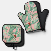ピンクモダンの水彩熱帯バナナパーム葉 鍋つかみ&鍋敷きセット (正面/裏面)