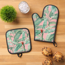 ピンクモダンの水彩熱帯バナナパーム葉 鍋つかみ&鍋敷きセット