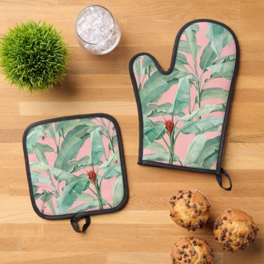 ピンクモダンの水彩熱帯バナナパーム葉 鍋つかみ&鍋敷きセット (トップダウン)