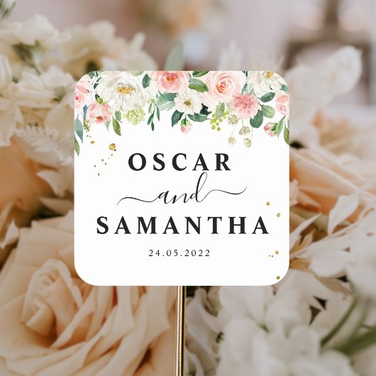 ピンクモダンの水彩美しい花と金ゴールドドロップ スクエアシール