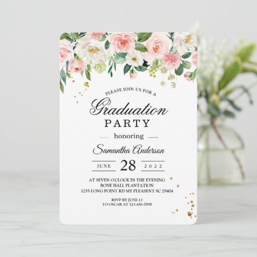 ピンクモダンの水彩美しい花と金ゴールドドロップ 招待状 (スタンド正面)