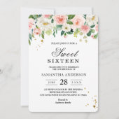 ピンクモダンの水彩美しい花と金ゴールドドロップ 招待状 (正面)