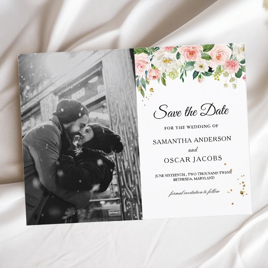 ピンクモダンの水彩美しい花と金ゴールドドロップ 案内ポストカード