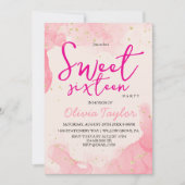 ピンクモダンの水彩釉薬Sweet sixteen 招待状 (正面)