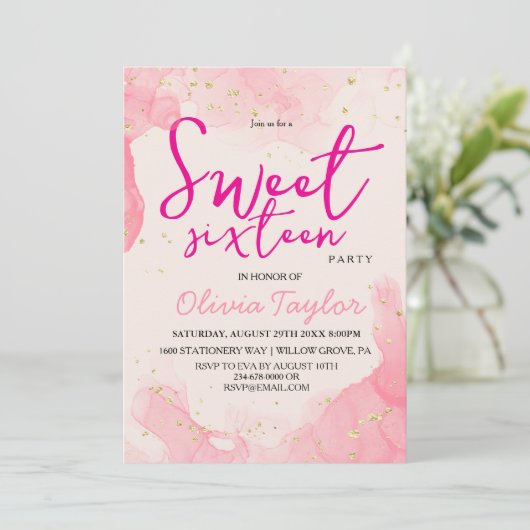 ピンクモダンの水彩釉薬Sweet sixteen 招待状 (スタンド正面)