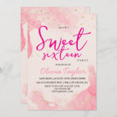 ピンクモダンの水彩釉薬Sweet sixteen 招待状 (正面/裏面)