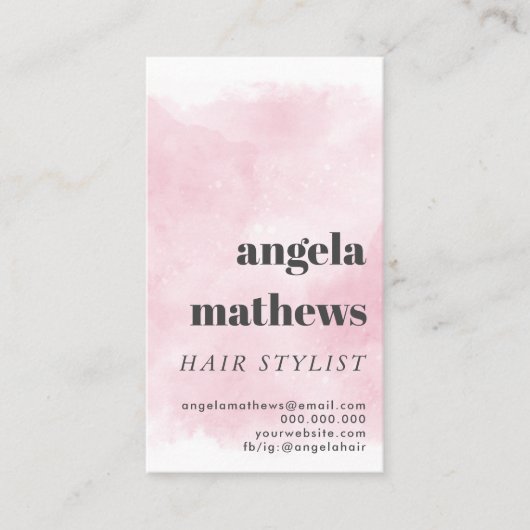 ピンクモダンの水色のはっきりした美容師写真 名刺 (正面)