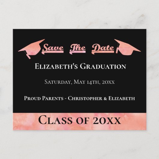 ピンクモダンの水色の卒業式が日付を救う 案内ポストカード (正面)