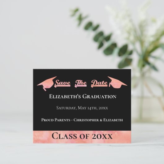 ピンクモダンの水色の卒業式が日付を救う 案内ポストカード (スタンド正面)