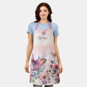 ピンクモダンの水色の蝶の野生の花 エプロン (着用した状態)