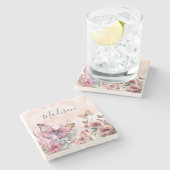 ピンクモダンの水色の蝶の野生の花 ストーンコースター (横)