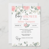 ピンクモダンの水色フローラ女の子ベビーシャワー 招待状 (正面)