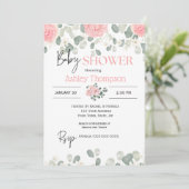 ピンクモダンの水色フローラ女の子ベビーシャワー 招待状 (スタンド正面)