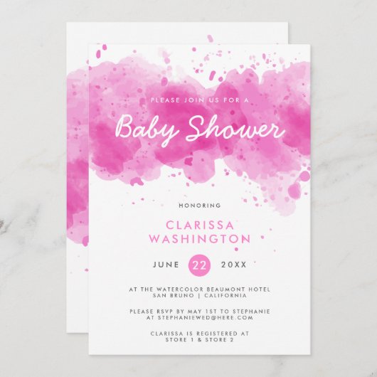 ピンクモダンの水色 | タイポグラフィベビーシャワー 招待状 (正面/裏面)