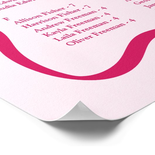 ピンクモダンの波型フレームのアルファベットの座席表 ポスター (角)