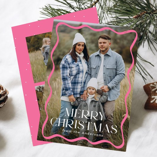 ピンクモダンの波型フレームメリークリスマス3写真 シーズンカード