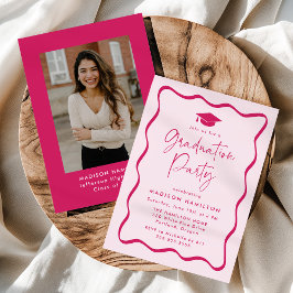 ピンクモダンの波型フレーム写真卒業パーティー 招待状