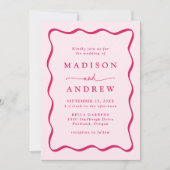 ピンクモダンの波状フレームの結婚写真 招待状 (正面)