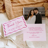 ピンクモダンの波状フレーム写真結婚の皆様へ サンキューカード