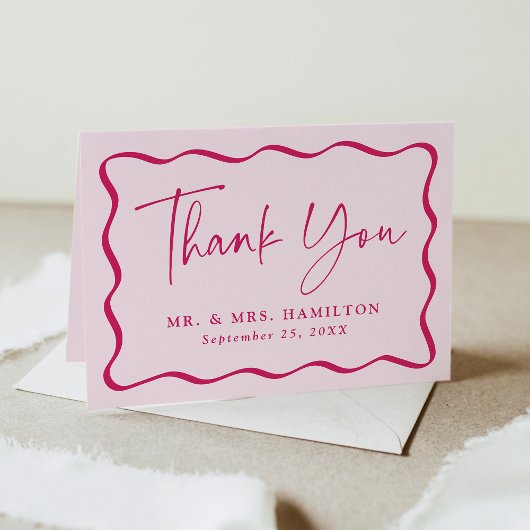 ピンクモダンの波状フレーム写真結婚の皆様へ サンキューカード