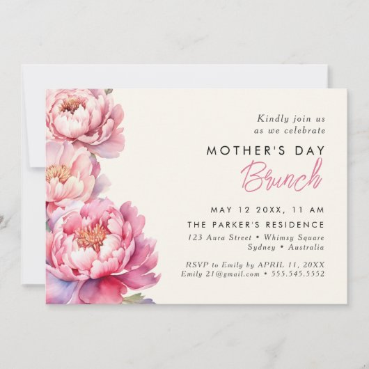 ピンクモダンの牡丹フローラ母の日ブランチ 招待状 (正面)