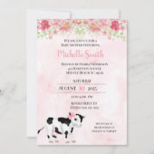 ピンクモダンの白い牛のプリントベビーシャワー 招待状 (正面)