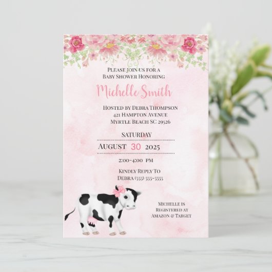 ピンクモダンの白い牛のプリントベビーシャワー 招待状 (スタンド正面)