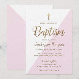 ピンクモダンの白い金ゴールドクロスベビーガールバプテスマ 招待状