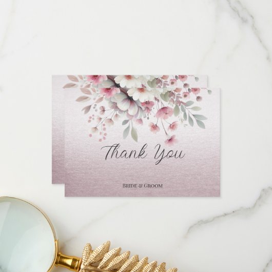 ピンクモダンの白フローラサンキューカード サンキューカード (正面/裏面インサイチュ)