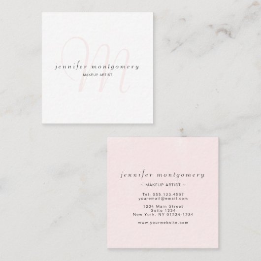 ピンクモダンの白モノグラムの水色 スクエア名刺 (正面/裏面)