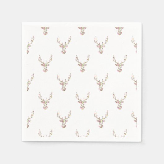 ピンクモダンの白ヴィンテージフローラ鹿の頭 スタンダードカクテルナプキン (正面)