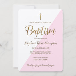 ピンクモダンの白金ゴールドクロス仮想洗礼 招待状