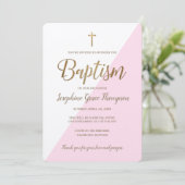 ピンクモダンの白金ゴールドクロス仮想洗礼 招待状 (スタンド正面)