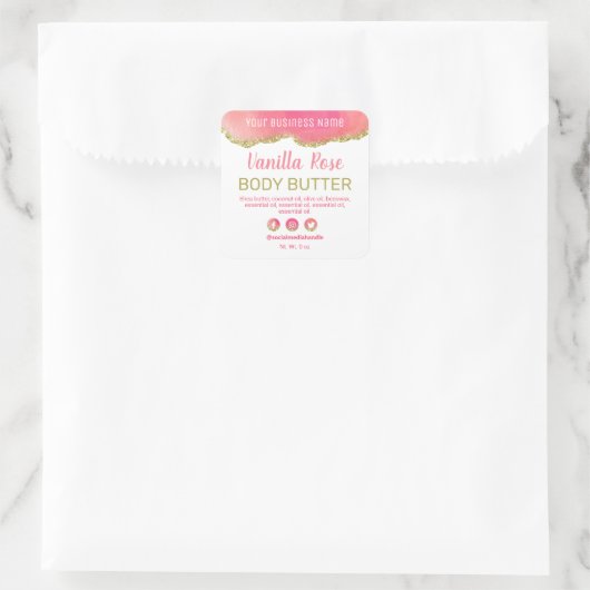 ピンクモダンの白金ゴールドグリッター製品ラベル スクエアシール (バッグ)