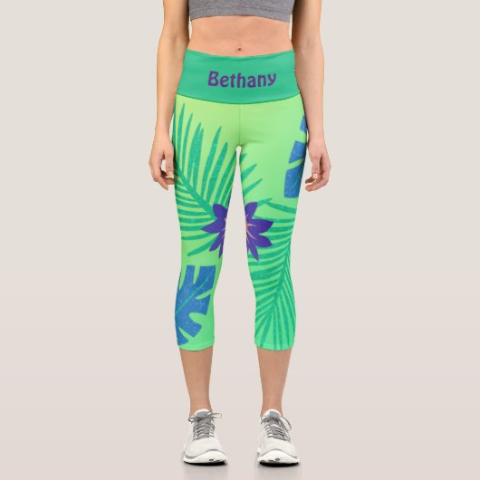 ピンクモダンの緑と紫の熱帯 カプリレギンス (正面)