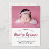 ピンクモダンの脚本写真生まれたばかりのベビーガール誕生 案内状 (正面/裏面)