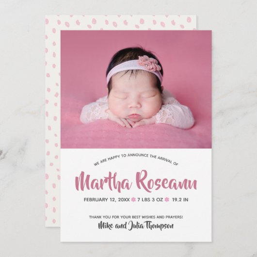 ピンクモダンの脚本写真生まれたばかりのベビーガール誕生 案内状 (正面/裏面)