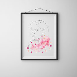 ピンクモダンの花のラインアートを持つ女性 ポスター